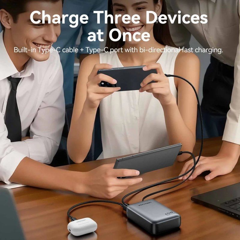 Powerbank 20000mah Vention FHGH0 / 45W / Cinzento / Inclui Cabo USB Tipo C