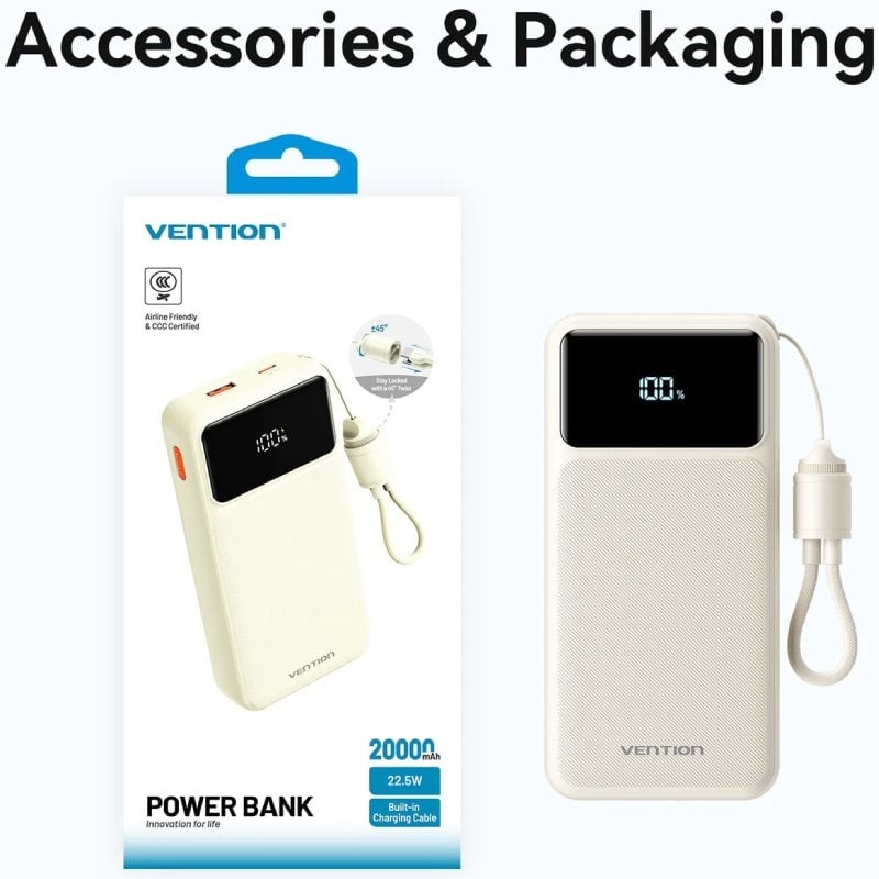 Powerbank 20000mah Vention Xgyw0-40-ty / 22,5w / Branco / Inclui Cabo USB Tipo C
