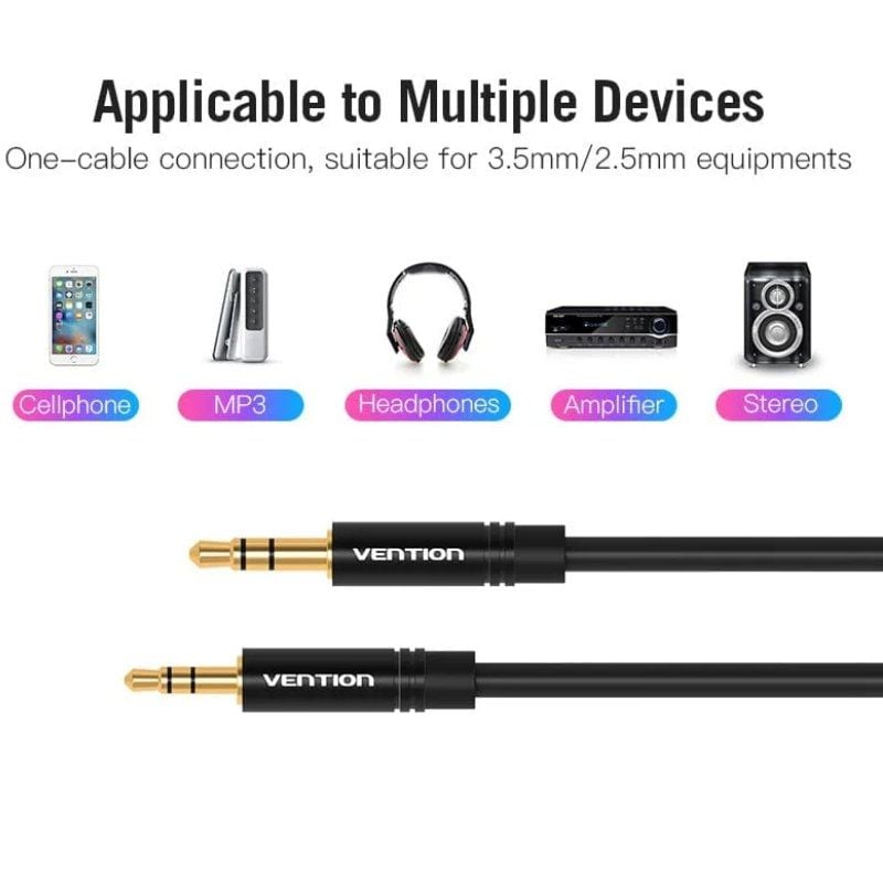 Cabo Estéreo Vention BALBH / Jack 3.5 Macho - Jack 2.5 Fêmea / 2m / Preto