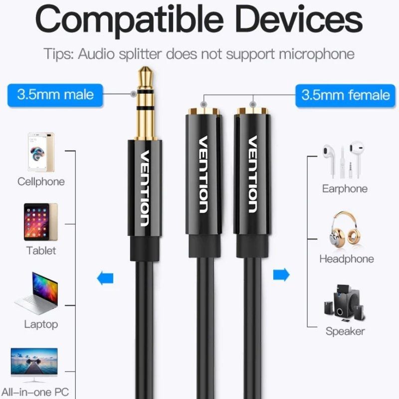 Vention BBSBY Cabo Estéreo / Jack 3.5 Macho - 2x Jack 3.5 Fêmea / 30cm / Preto