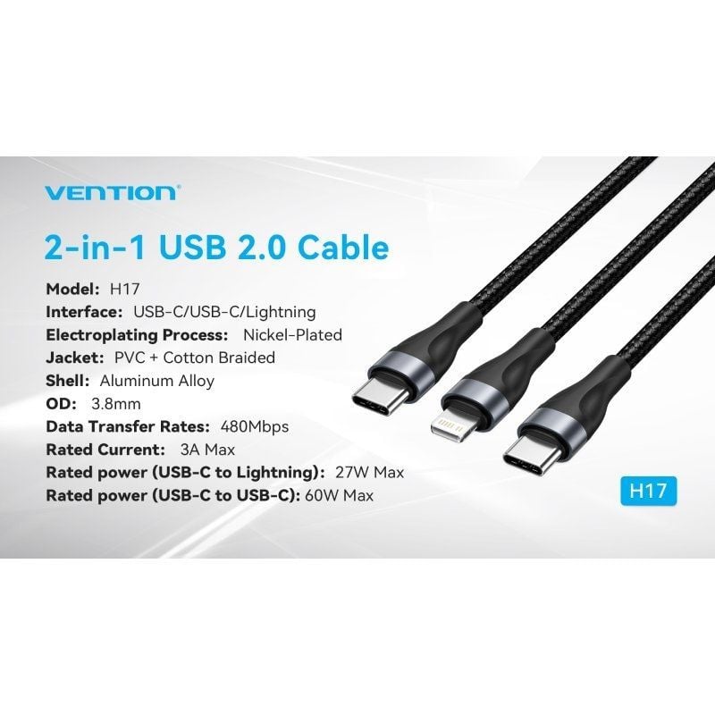 Vention USB Type-c Vention H17BAV / USB Type-c Macho - Lightning Macho / USB Type-c Macho / 60W / 4…