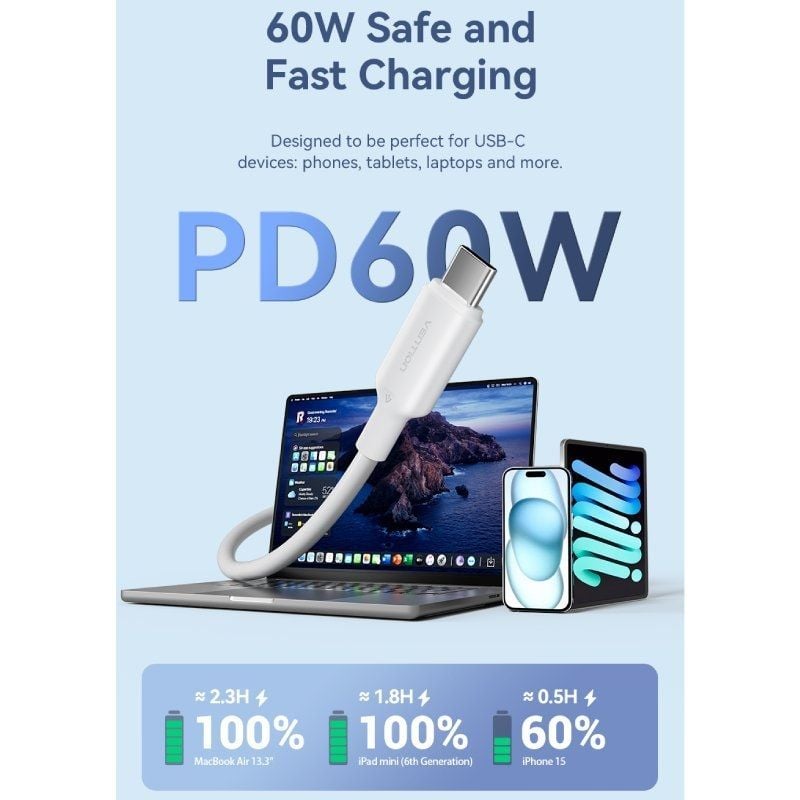 USB 2.0 Type-c 3A Vention TRCBF / USB Type-c Macho - USB Type-c Macho / Até 60W / 480mbps / 1m / Pr…