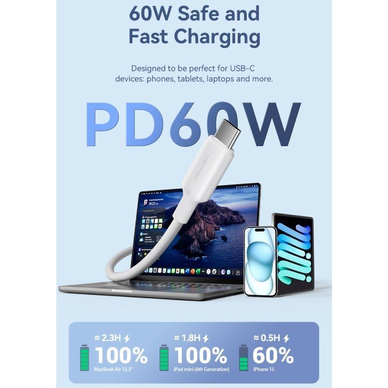 Vention TRCBH USB 2.0 Type-c 3A Vention TRCBH / USB Type-c Macho - USB Type-c Macho / Até 60W / 480…