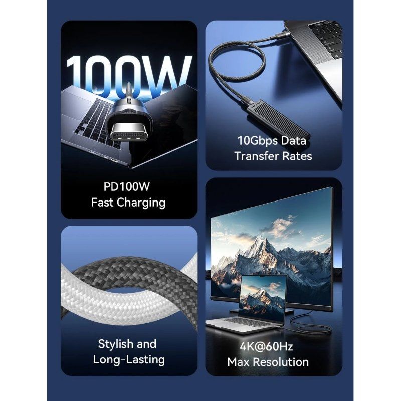 USB 3.2 Type-c 5A Vention TRGBH / USB Type-c Macho - USB Type-c Macho / Até 100W / 10gbps / 2m / Pr…