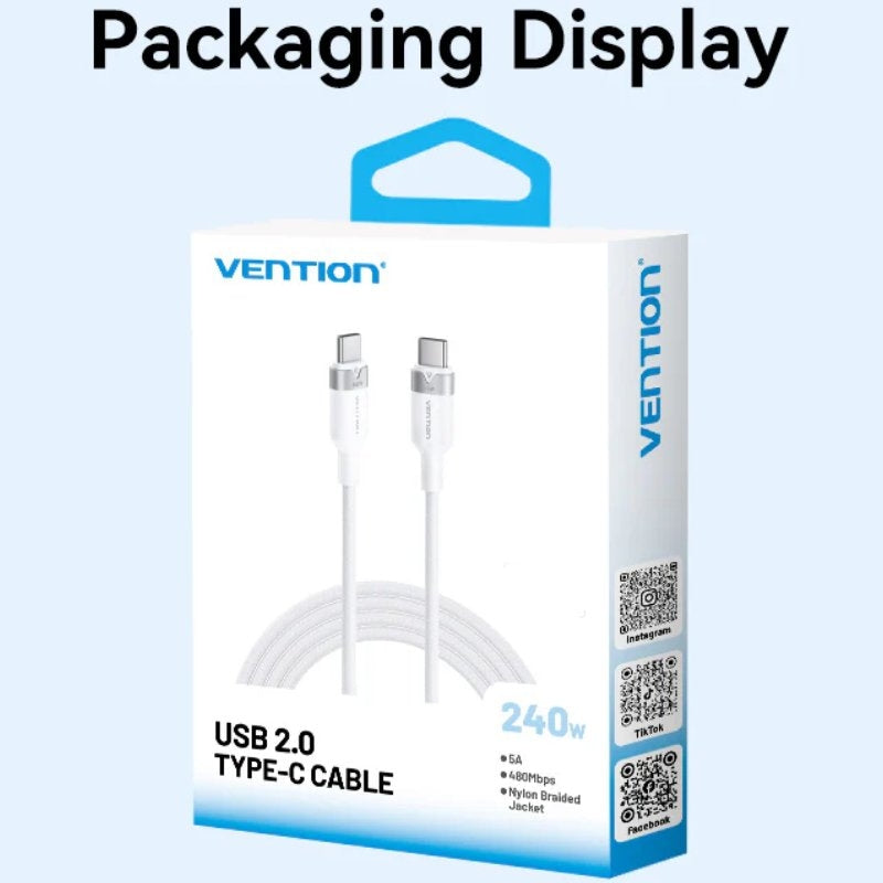USB 2.0 Tipo C 5A Vention TRIBF / USB Tipo C Macho - USB Tipo C Macho / Até 240W / 480mbps / 1m / P…