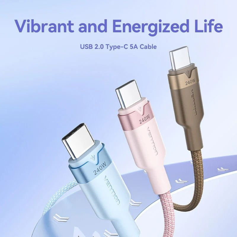 USB 2.0 Tipo C 5A Vention TRIPF / USB Tipo C Macho - USB Tipo C Macho / Até 240W / 480mbps / 1m / R…