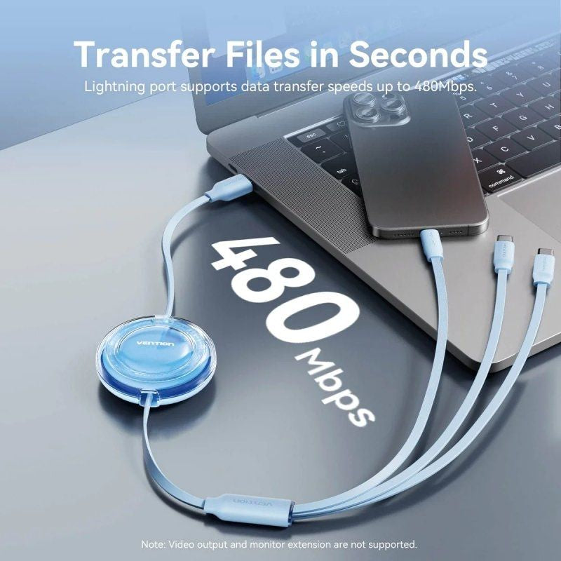 Cabo USB Retrátil Vention TRJBBE / USB Macho - Lightning / 2xusb Type-c / Até 17,5w / 10gbps / 1,1m…