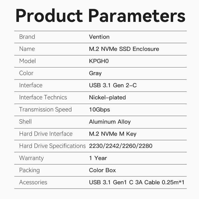 Caixa Externa para SSD M.2 NVME Vention USB Type-c KPGH0 / USB 3.1 / sem Parafusos