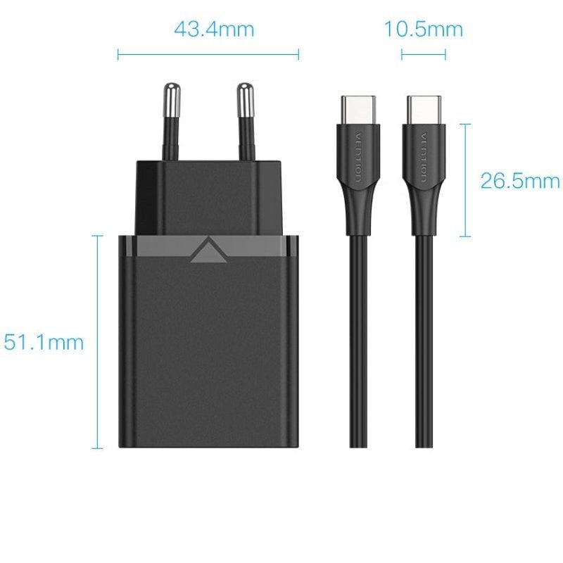 Carregador de Parede Vention Fahwf-eu / 1xusb Type-c + 2x Cabo USB Type-c / 25W