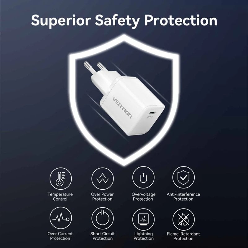Carregador de Parede Gan Vention Fciw0-eu / 1xusb Type-c / 30W