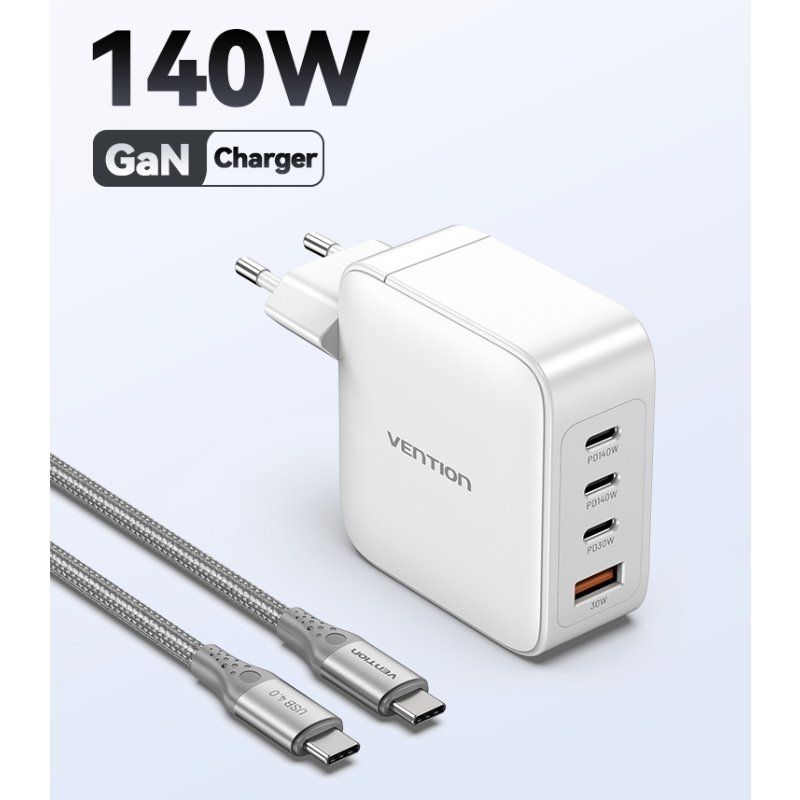 Carregador de Parede Gan Vention Feiw0-eu / 3xusb Type-c + Cabo USB Type-c / 1xusb / 140W