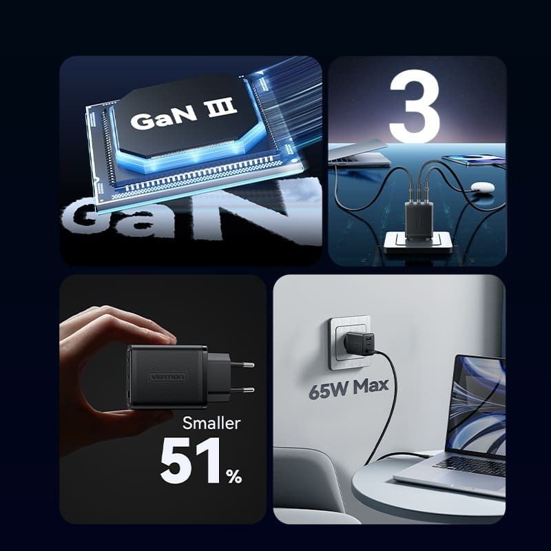 Carregador de Parede Gan Vention Ferw0-eu / 2xusb Type-c / 1xusb / 65W