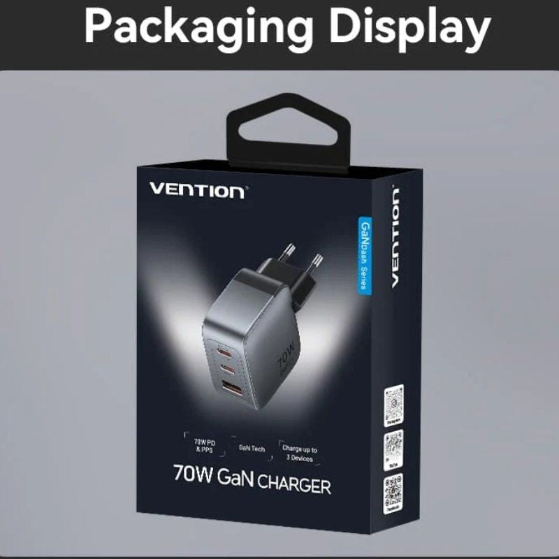 Carregador de Parede Gan Vention Fexh0-eu / 2xusb Type-c / 1xusb / 70W