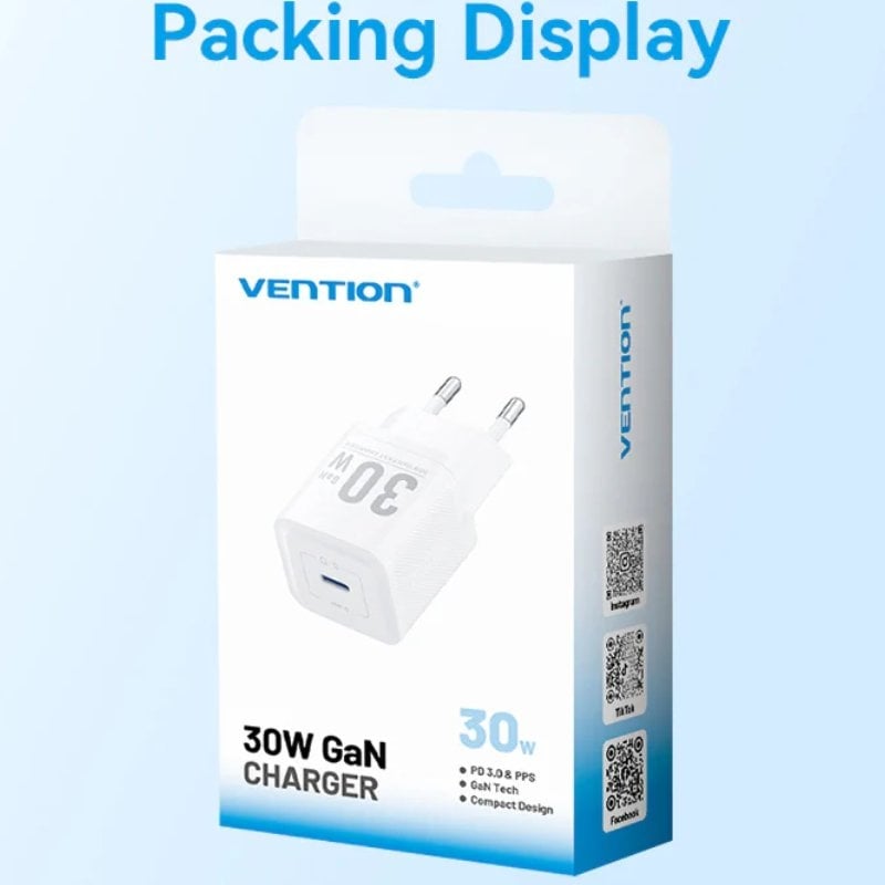 Carregador de Parede Gan Vention Fezb0-eu / 1xusb Type-c / 30W