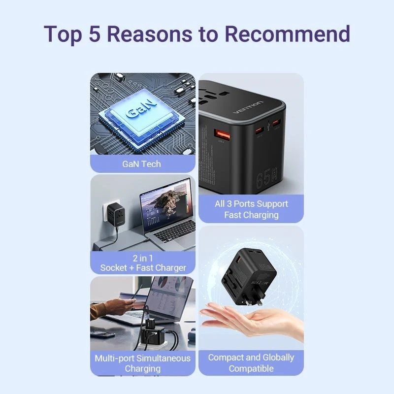 Carregador de Parede Universal Vention FJDB0 / Tomada de Alimentação Universal / 2xusb Type-c / 1xu…