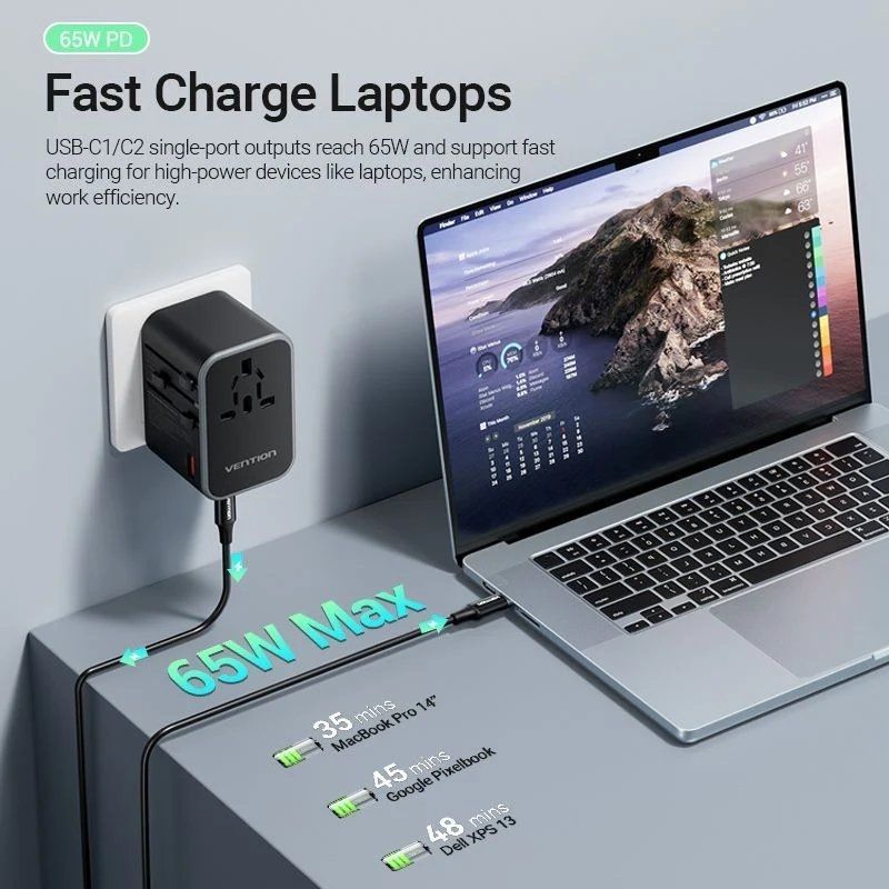 Carregador de Parede Universal Vention FJDB0 / Tomada de Alimentação Universal / 2xusb Type-c / 1xu…
