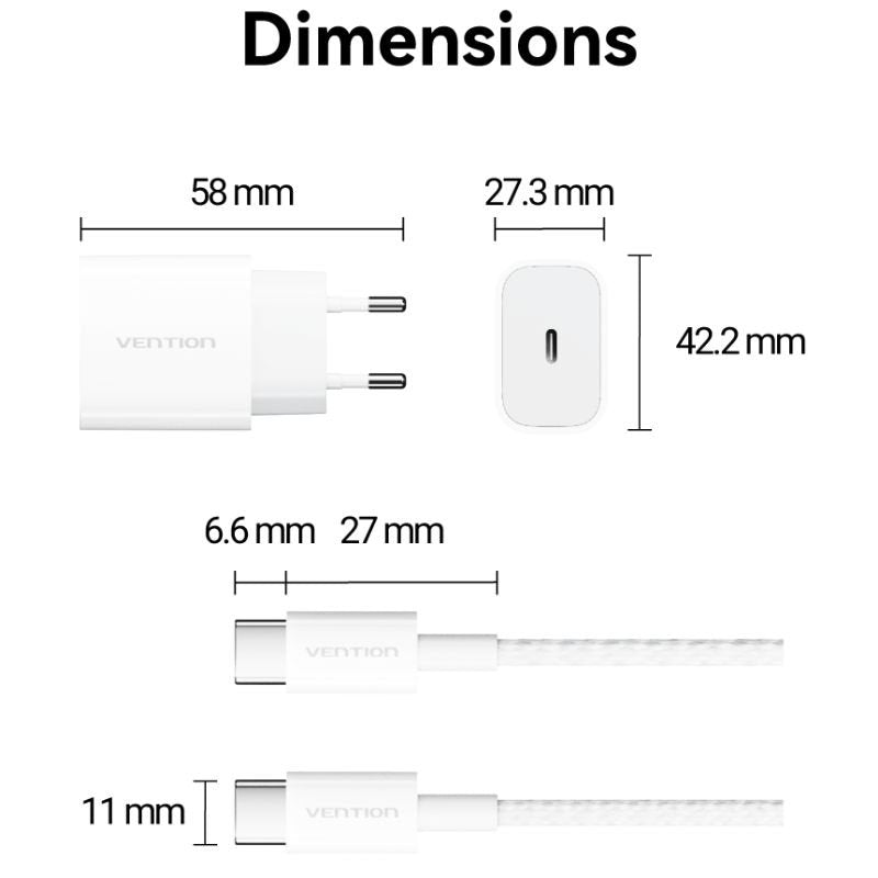 Carregador de Parede Vention G16w0-eu / 1xusb Type-c + Cabo USB Type-c / 20W