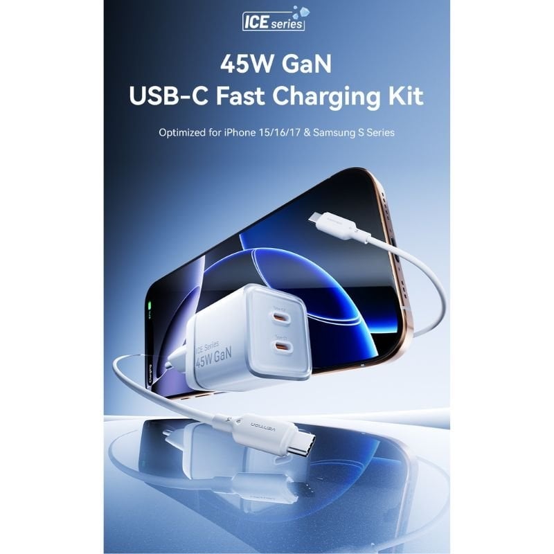 Carregador de Parede Gan Vention Tz-fcfb0-eu / 2xusb Type-c + Cabo USB Type-c / 45W