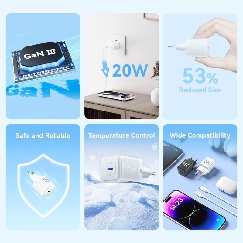 Carregador de Parede Gan Vention Tz-fepb0-eu-01 / 1xusb Type-c + Cabo USB Type-c / 20W