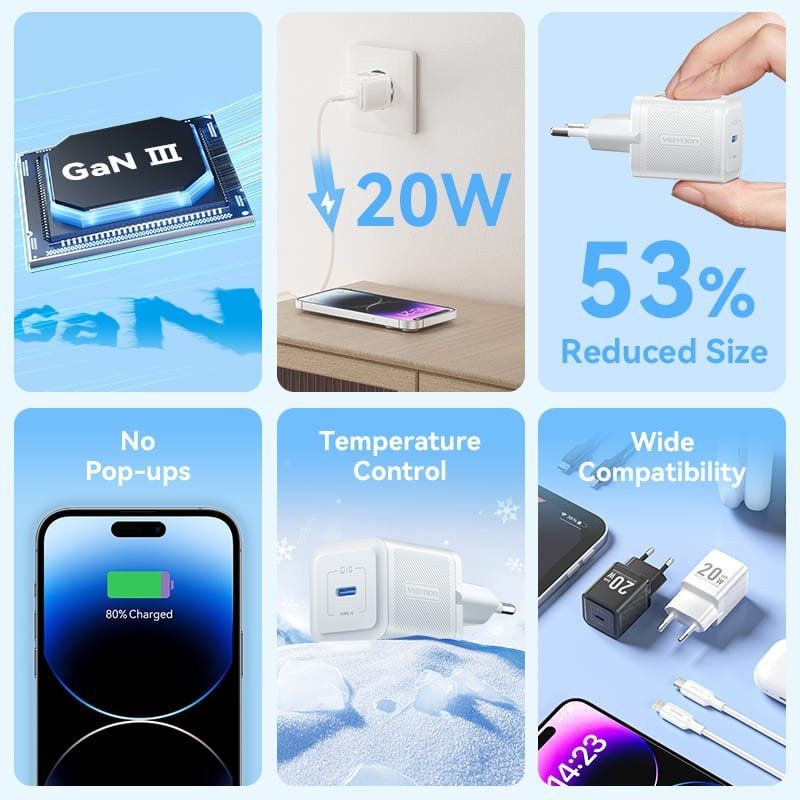 Carregador de Parede Gan Vention Tz-fepb0-eu-02 / 1xusb Type-c + Cabo Lightning / 20W