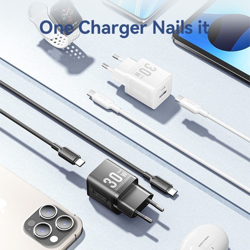 Carregador de Parede Gan Vention Tz-feqb0-eu-01 / 1xusb Type-c / 1xusb + Cabo USB Type-c / 30W