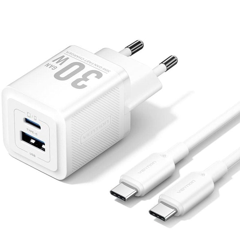 Carregador de Parede Gan Vention Tz-feqw0-eu-01 / 1xusb Type-c / 1xusb + Cabo USB Type-c / 30W