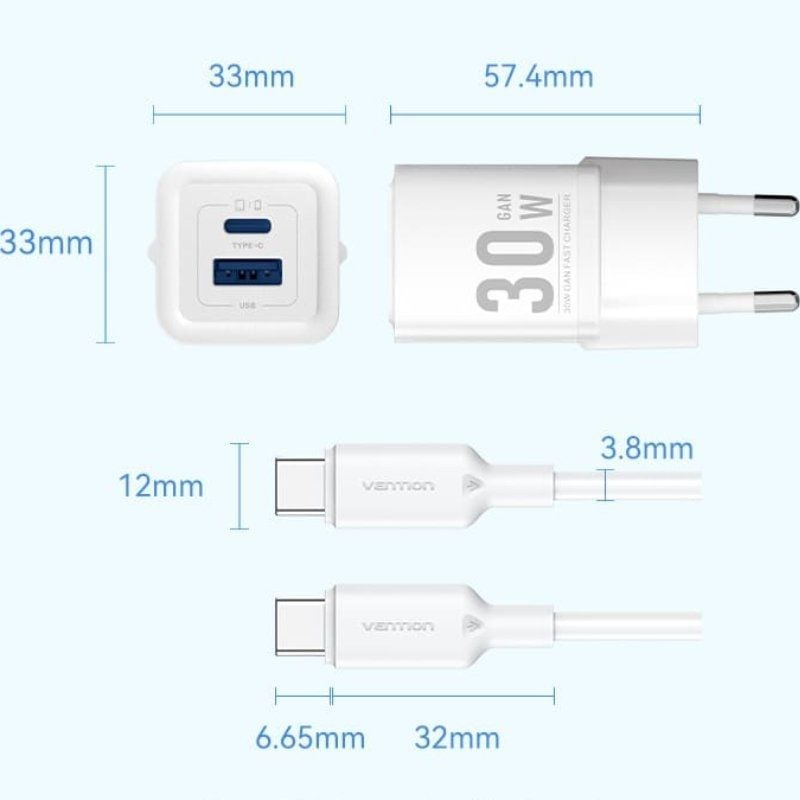 Carregador de Parede Gan Vention Tz-feqw0-eu-01 / 1xusb Type-c / 1xusb + Cabo USB Type-c / 30W