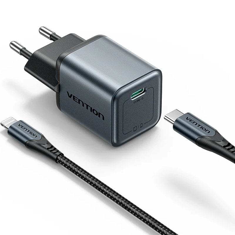 Carregador de Parede Gan Vention Tz-fevh0-eu / 1xusb Type-c + Cabo Lightning / 20W