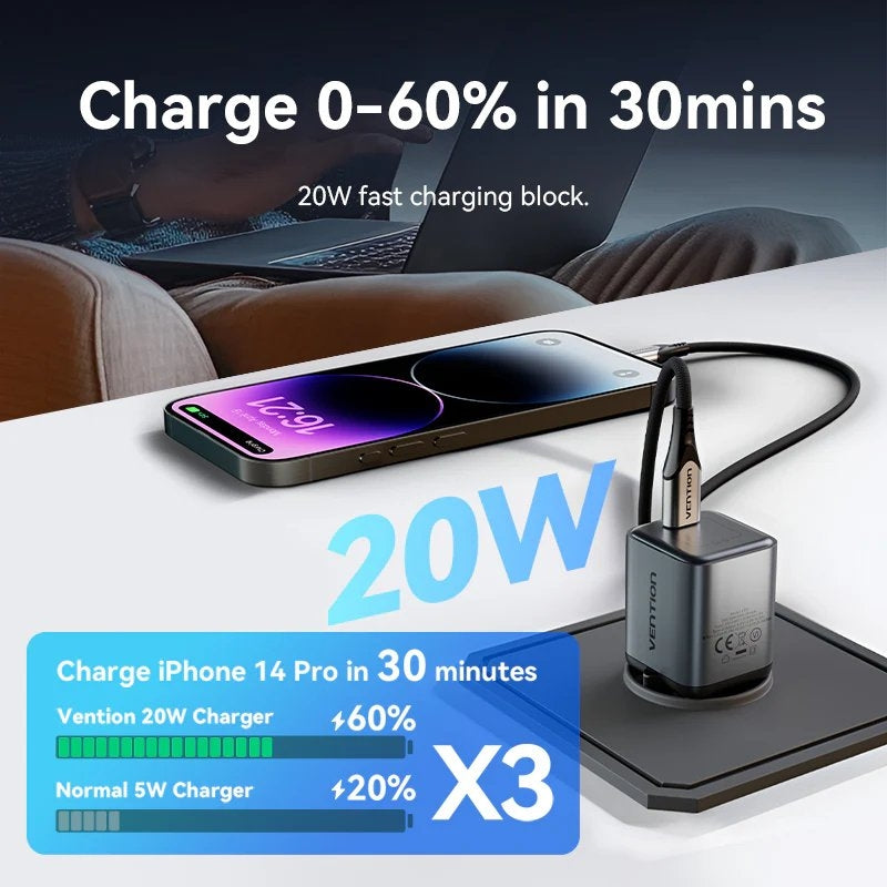 Carregador de Parede Gan Vention Tz-fevh0-eu / 1xusb Type-c + Cabo Lightning / 20W
