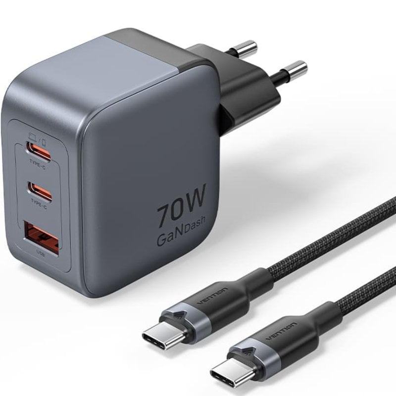 Carregador de Parede Gan Vention Tz-fexh0-eu / 2xusb Type-c / 1xusb + Cabo USB Type-c / 70W