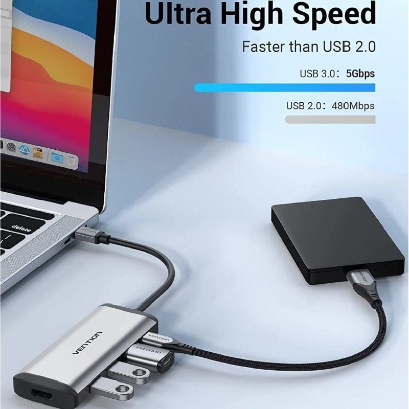 Base de Ligação USB Tipo C Vention CNBHB / 1xhdmi 4K / 3xusb / 1xusb Tipo C PD / Cinzento