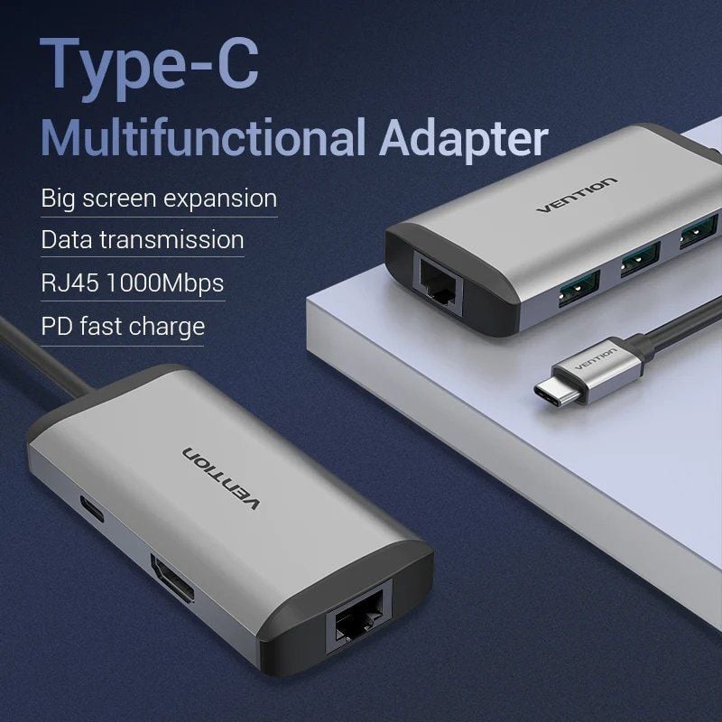 Base de Ligação USB Tipo C Vention CNCHB / 1xhdmi 4K / 3xusb / 1xusb Tipo C PD / 1xrj45 / Cinzento
