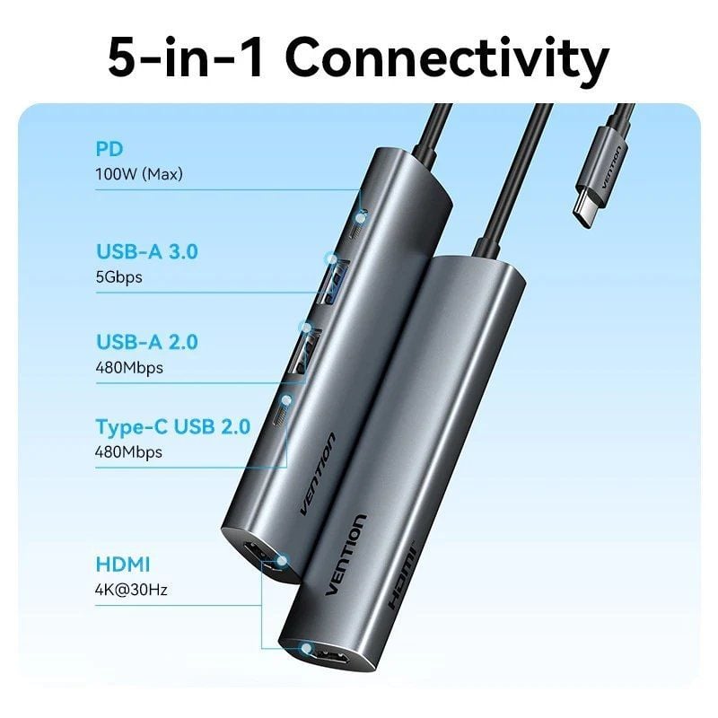 Base de Ligação USB Tipo C Vention TGLHB / 1xusb Tipo C / 2xusb / 1xhdmi 4K / 1xusb Tipo C PD / Cin…