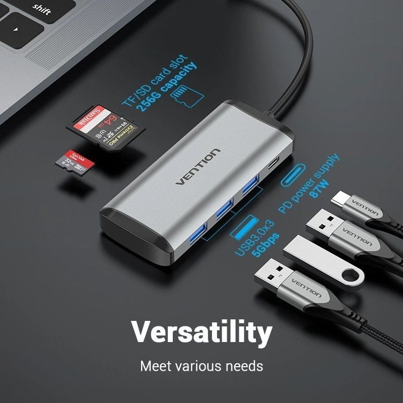 Docking USB Type-c Vention TGRHB / 3xusb / 1xleitor de Cartões / 1xusb Type-c PD / Cinzento
