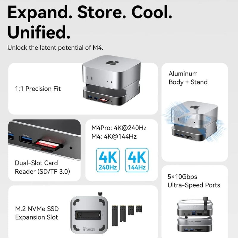 Base de Ligação para Mac Mini USB Type-c Vention THIHAG / Ranhura SSD M.2 / 4xusb / 1xusb Type-c /…