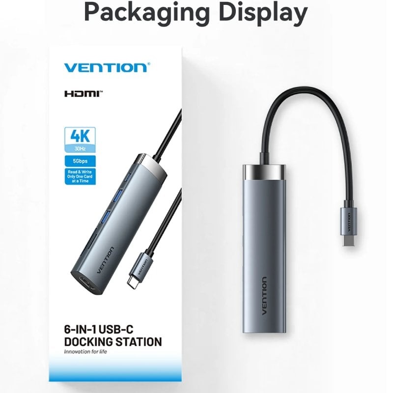 Base de Ligação USB Tipo C Vention THJHB / 1xhdmi 4K / 2xusb / 1xusb Tipo C PD / Cinzento