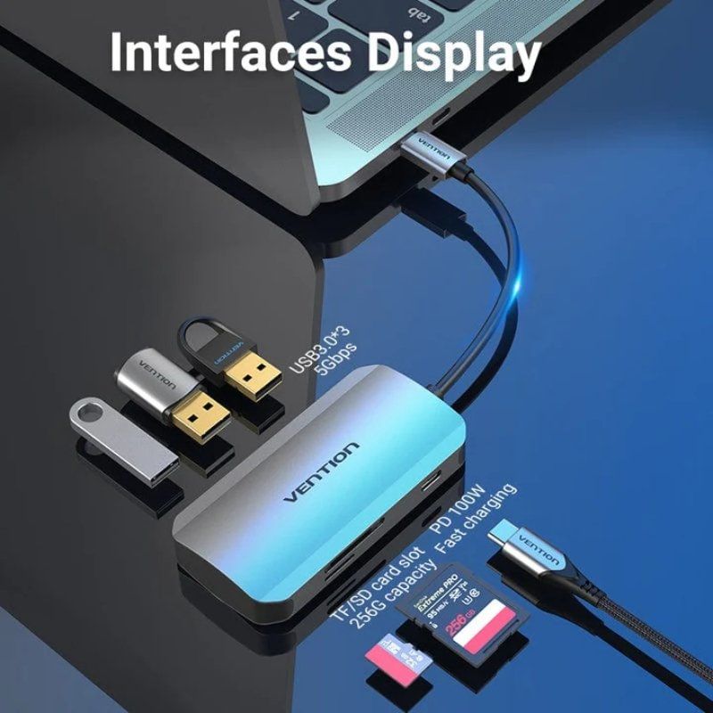 Docking USB Type-c Vention TNHHB / 3xusb / 1xusb Type-c PD / 1xsd e Leitor de Cartões Microsd / Cin…