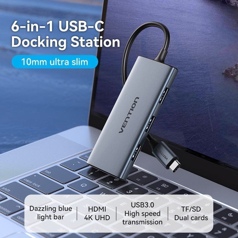 Base de Ligação USB Type-c Vention TOOHB / 1xhdmi 4K / 3xusb / 1xleitor de Cartões / Cinzento