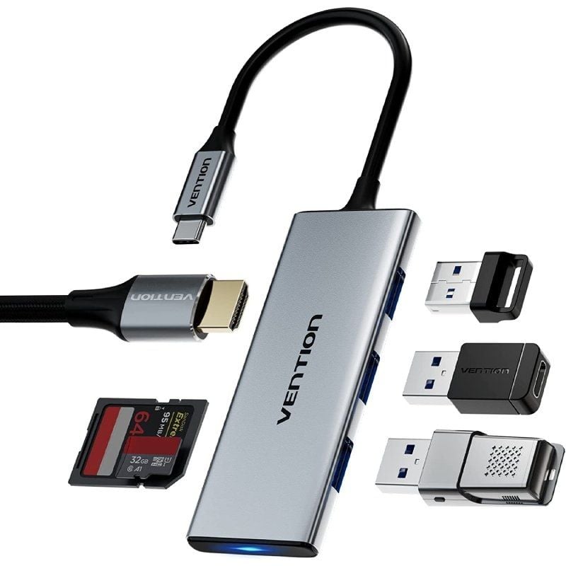 Docking USB Type-c Vention TOPHB / 1xhdmi / 3xusb / 1xsd e Leitor de Cartões Microsd / Cinzento