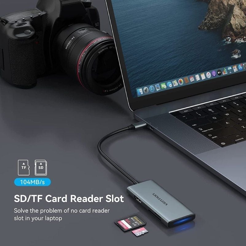 Docking USB Type-c Vention TOPHB / 1xhdmi / 3xusb / 1xsd e Leitor de Cartões Microsd / Cinzento