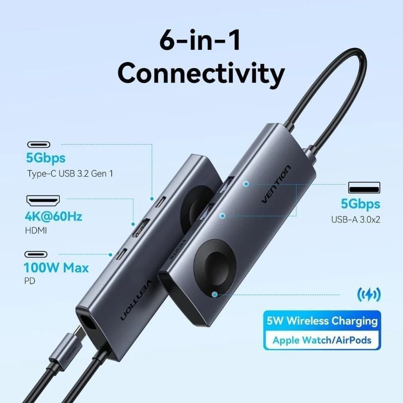 Estação de Ancoragem USB Tipo C com Carregamento sem Fios Vention TPMHB / 1xhdmi 4K / 2xusb / 1xusb…