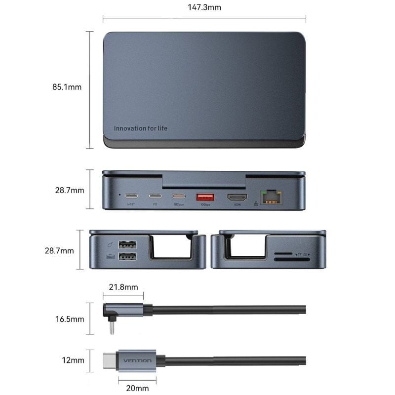 Base de Ligação USB Tipo C para Steam Deck / Switch Vention TPZH0 / 2xhdmi 4K / 3xusb / 1xusb Tipo…