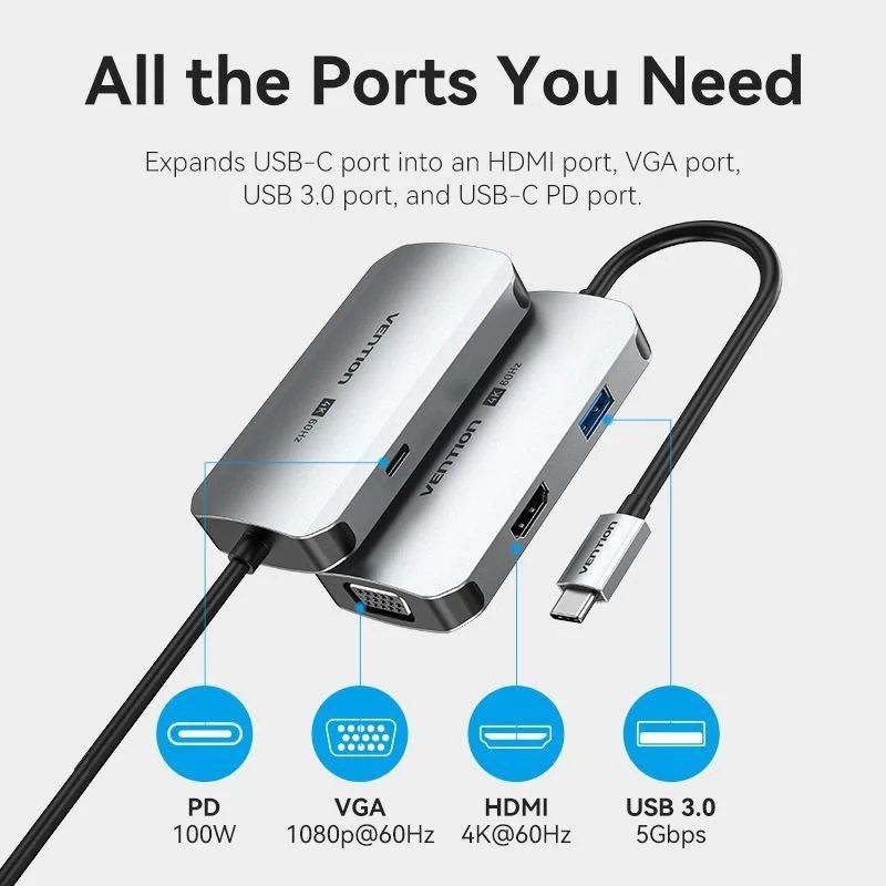 Base de Ligação USB Tipo C Vention TQAHB / 1xhdmi / 1xusb / 1xvga / 1xusb Tipo C PD / Cinzento