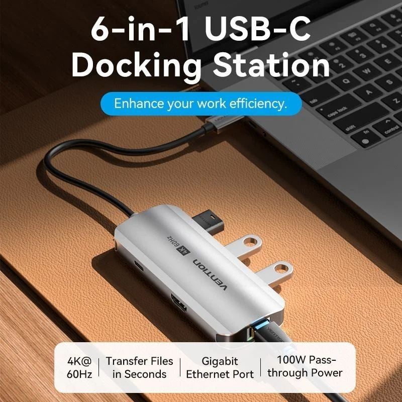 Base de Ligação USB Tipo C Vention TQHHB / 1xhdmi 4K / 3xusb / 1xusb Tipo C PD / 1xrj45 / Cinzento