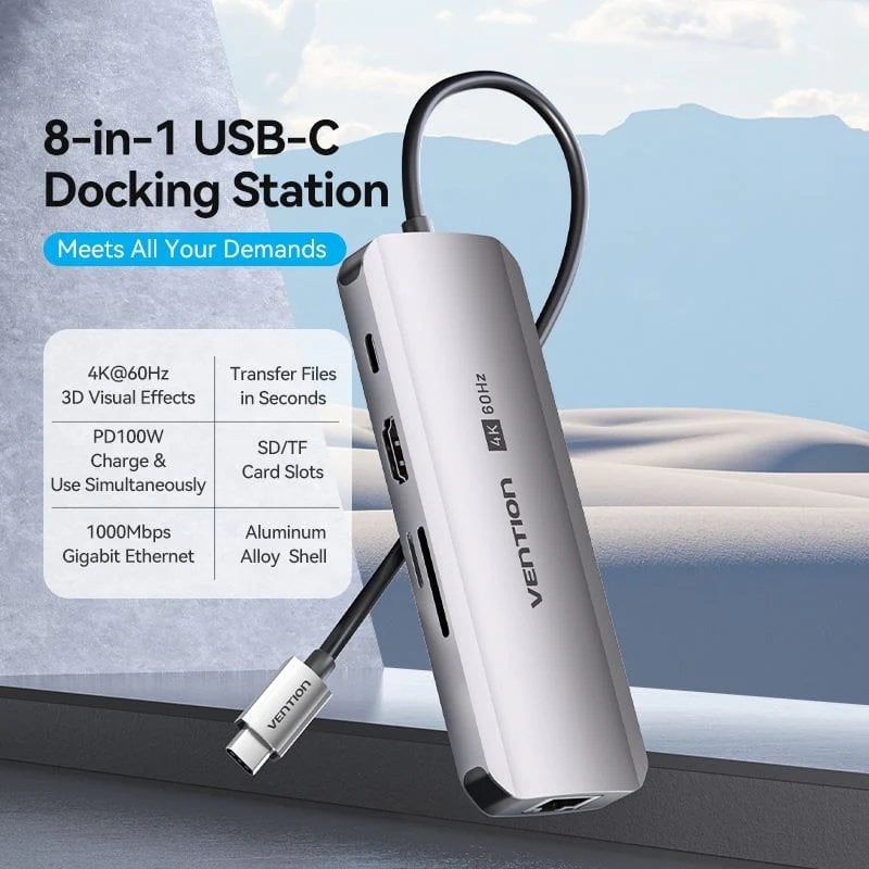 Base de Ligação USB Type-c Vention TQKHB / 1xhdmi 4K / 3xusb / 1xusb Type-c PD / 1xrj45 / 1xleitor…