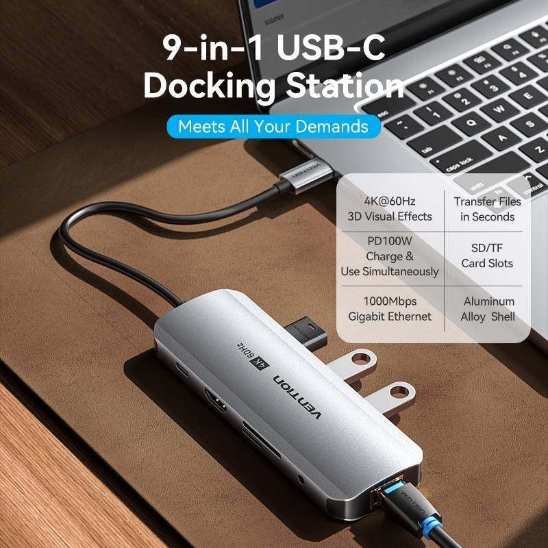 Base de Ligação USB Tipo C Vention TQLHB / 1xhdmi 4K / 3xusb / 1xusb Tipo C PD / 1xrj45 / 1xjack 3,…