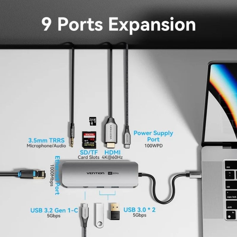 Base de Ligação USB Tipo C Vention TQMHB / 1xhdmi 4K / 2xusb / 1xusb Tipo C / 1xjack 3,5mm / 1xrj45…
