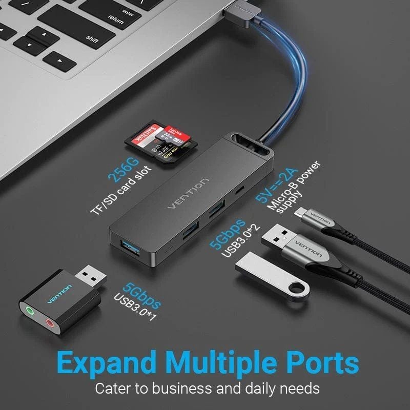 Docking USB 3.0 Vention CHVBB / 3xusb / 1xmicrousb PD / 1xleitor de Cartões / Preto