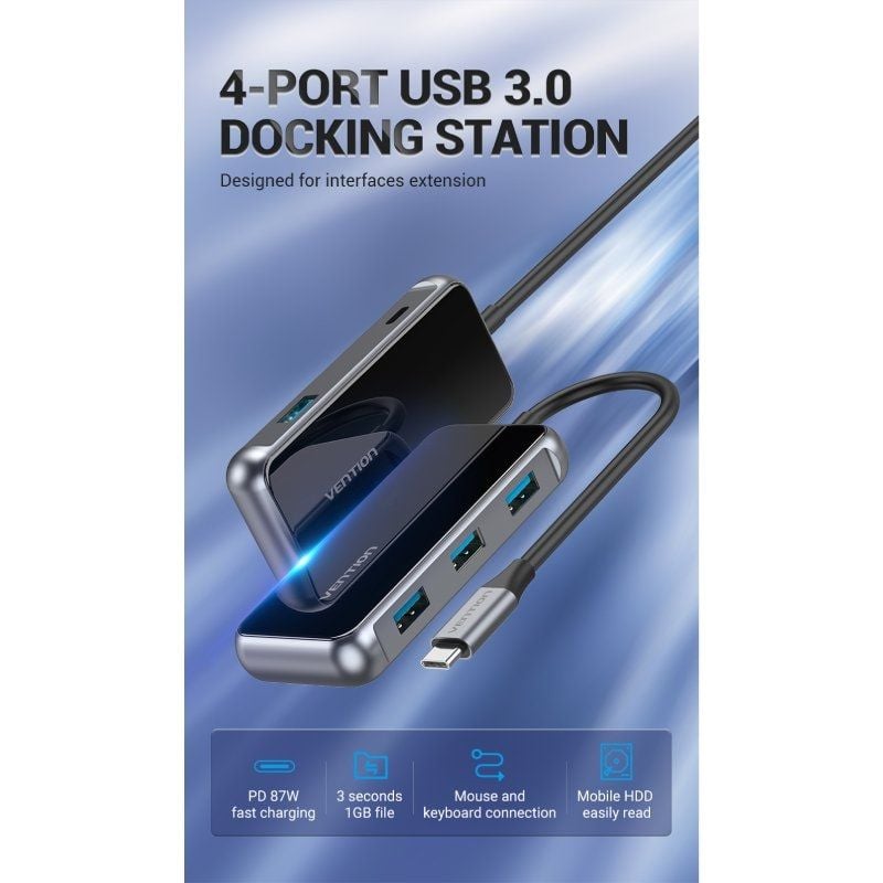 Hub USB Tipo C TFDHB da Vention / 4xusb / 1xusb Tipo C PD / Cinzento