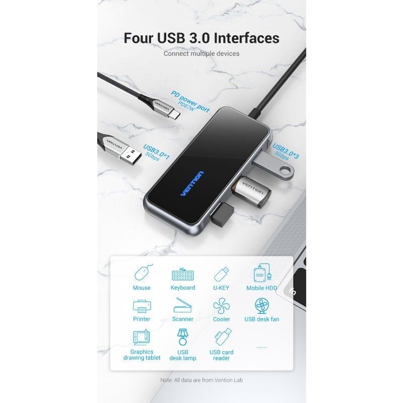 Hub USB Tipo C TFDHB da Vention / 4xusb / 1xusb Tipo C PD / Cinzento
